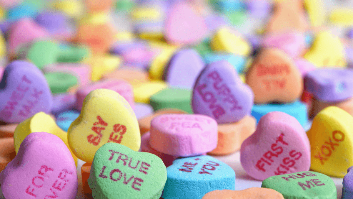 Candy hearts mark a common way couples and friends alike celebrate Valentines Day. 